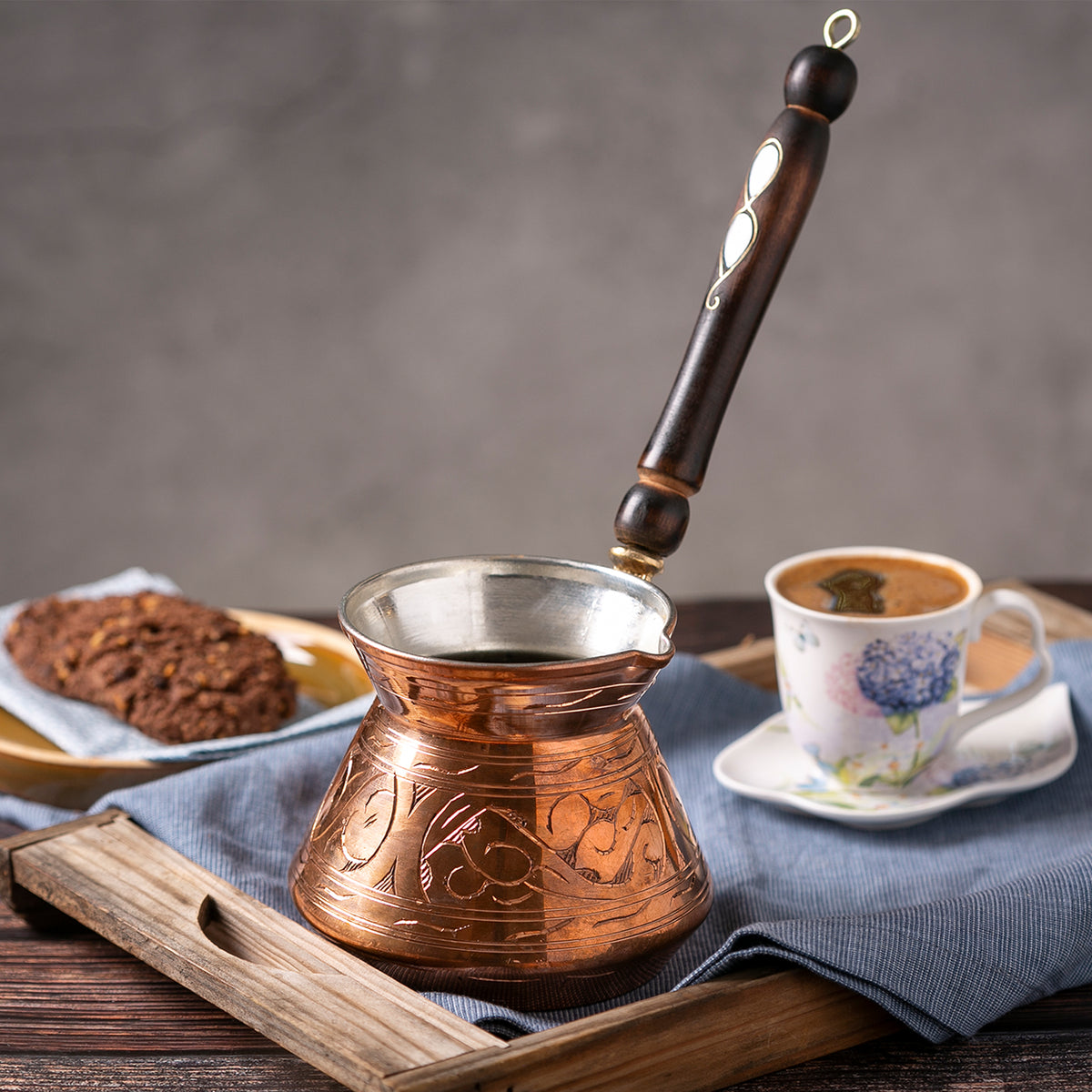 Wooden Handle Copper Coffee Pot (Pearl)