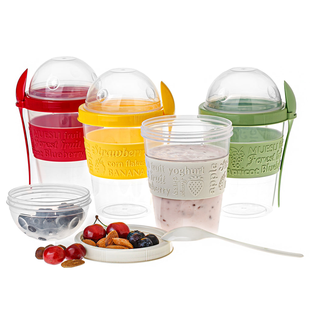 CRYSTALIA Yogurt Parfait Cups with Lids, Breakfast On the Go Plastic Bowls  with Topping Cereal Oatmeal or Fruit Container, Snack Cup and Spoon for  Lunch Box, Portable & Reusable, 2PCs 