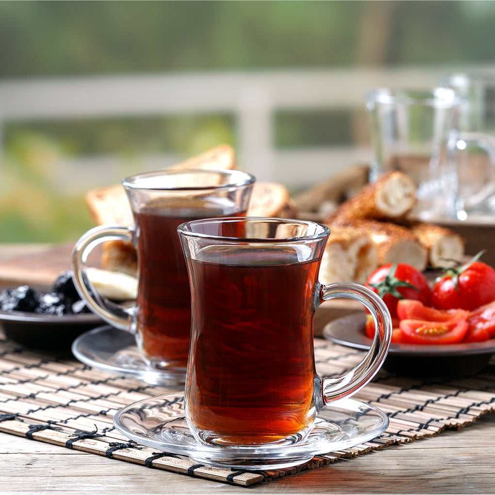 Small Turkish Tea Set 12 Piece Modern Turkish Tea Glasses & Saucers Set, 6 PCs 4.9 oz (145 cc) Clear Glass Tea Cups with Handle and 6PCs Glass Saucers